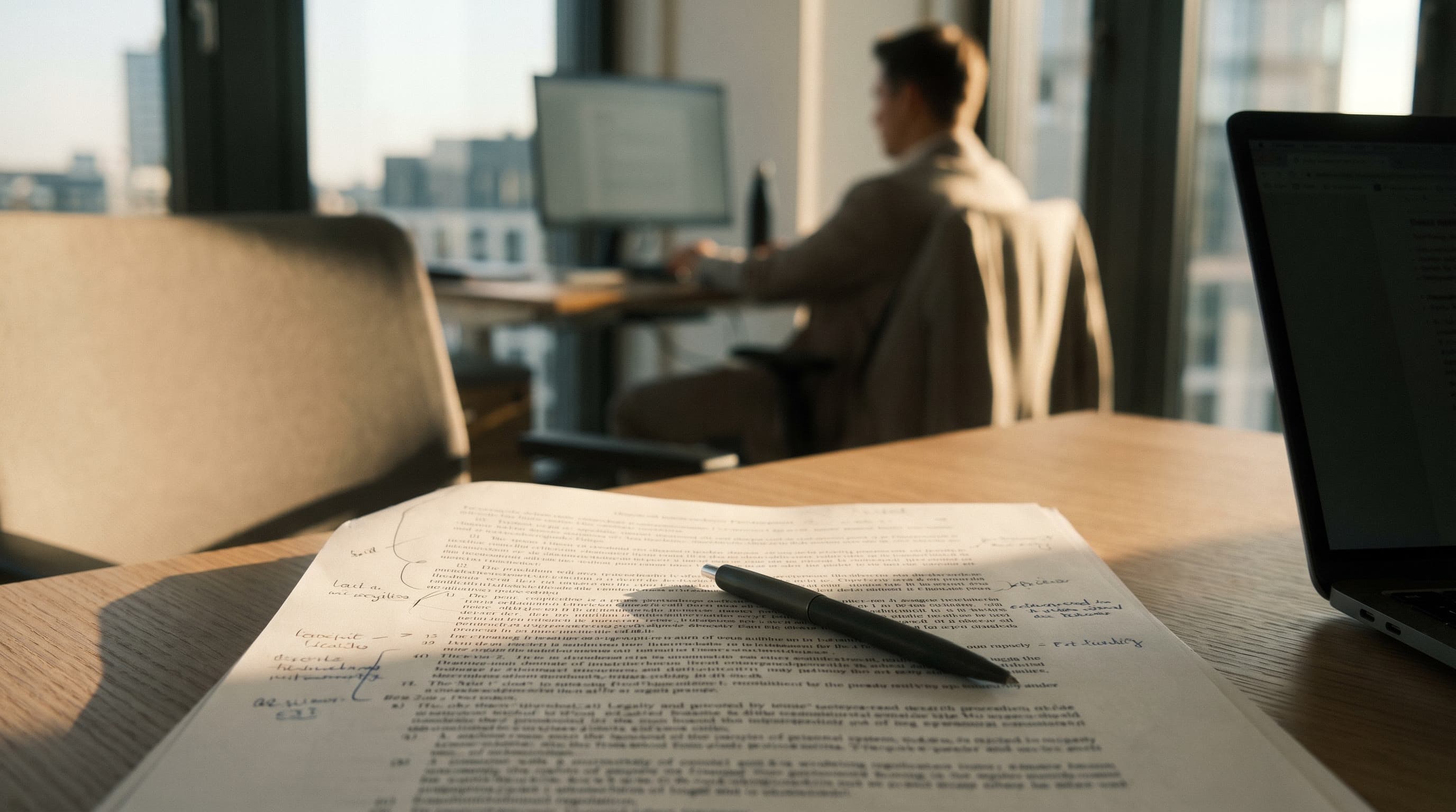 A printed regulation on a desk, annotated by hand in the margins, a pen resting across it, a colleague at a screen out of focus behind.